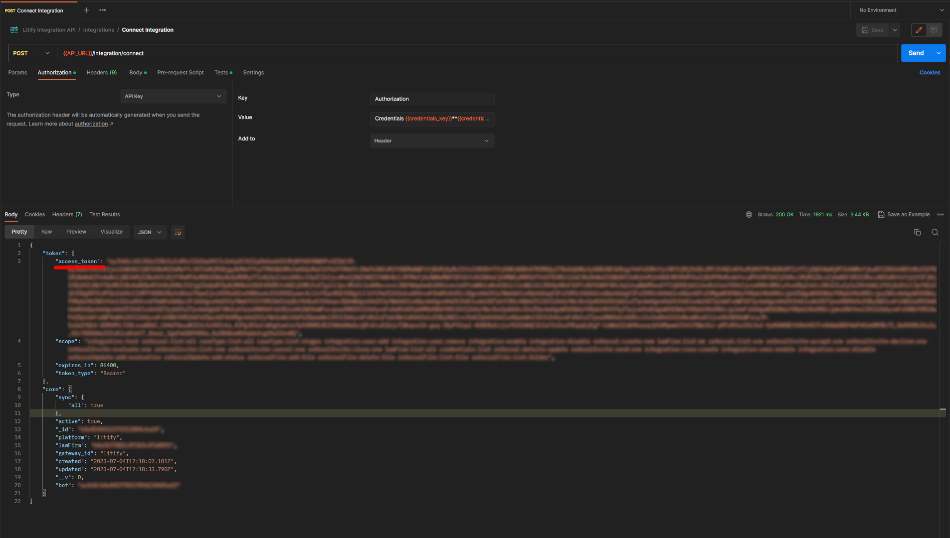 Save the returned bearer token to be used in user setup